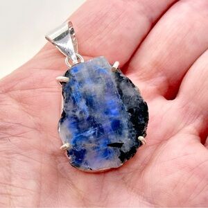 Natural Blue Flash Moonstone Silver Pendant Necklace